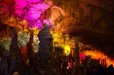 Postojna mağaralar renkli aydınlatma. Postojna, Slovenya