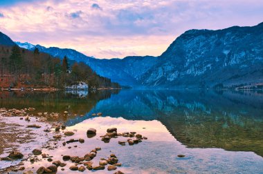 Güzel göl Bohinj Triglav Ulusal Park'ta bir kış günü