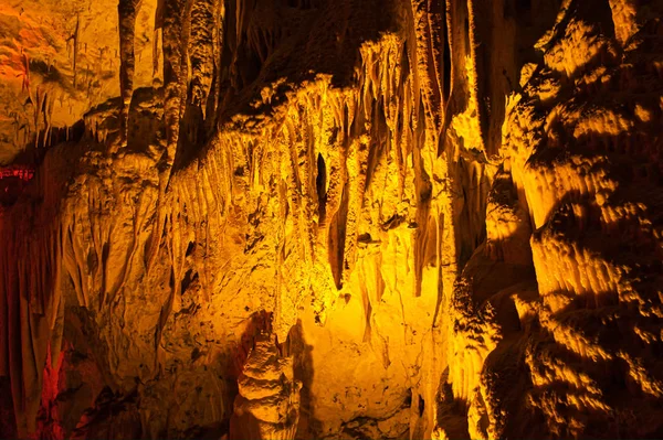 Iluminação Colorida Das Cavernas Postojna Postojna Eslovénia — Fotografia de Stock