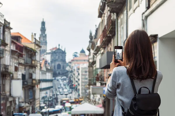Young Traveler Woman Taking Photo Her Phone Porto Portugal Travel — Stock Photo, Image