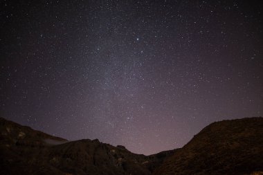 Samanyolu. Gece gökyüzü parlak yıldız Dağı Roques de Garcia taş yukarıda. Gece Teide Milli Parkı, Tenerife, Kanarya Adaları, İspanya. Alan arka plan