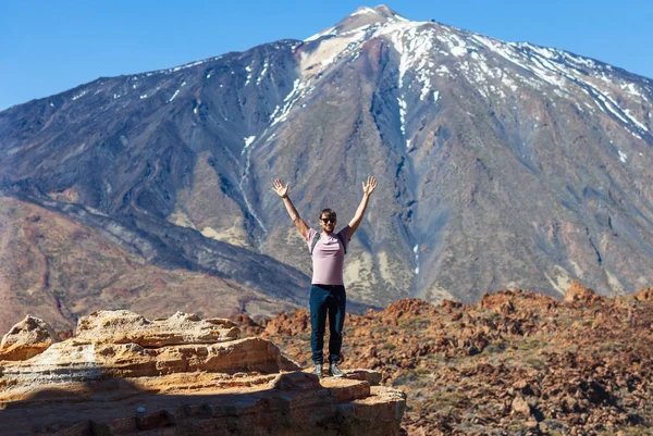 Happy Man Hiker Standing Edge Rock Raised Hands Volcano Teide — Stock Photo, Image