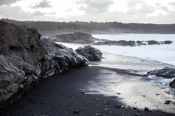 Černého Písku Pláže Lanzarote Západ Slunce Přírodní Pozadí — Stock fotografie