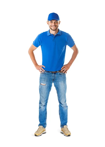 Full Längd Porträtt Säker Stilig Man Blå Uniform Isolerad Vit — Stockfoto