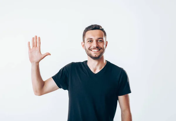 Porträt Eines Lächelnden Mannes Mit Zur Begrüßung Erhobener Hand High — Stockfoto