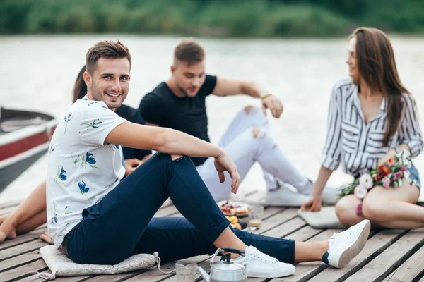 Handsome Young Man Relaxing Wooden Pier Friends Vacation Concept — Stock Photo, Image