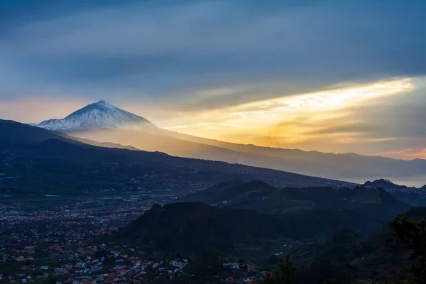 Sunset Tenerife Landscape Volcano Pico Del Teide Snow Winter Canary — Stock Photo, Image