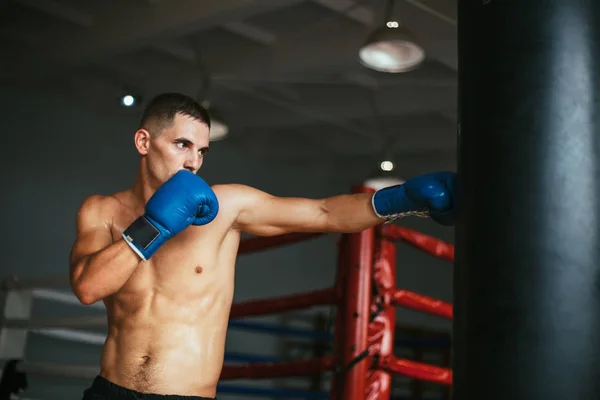 Homem Boxeador Batendo Saco Perfuração Estúdio Boxe Formação Desportiva — Fotografia de Stock