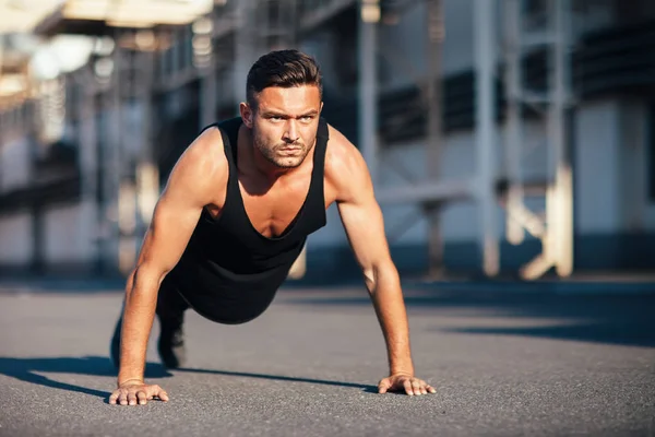 Young Serious Man Doing Pushups Outdoor Industrial Background Concentrated Sportsman — Stock Photo, Image