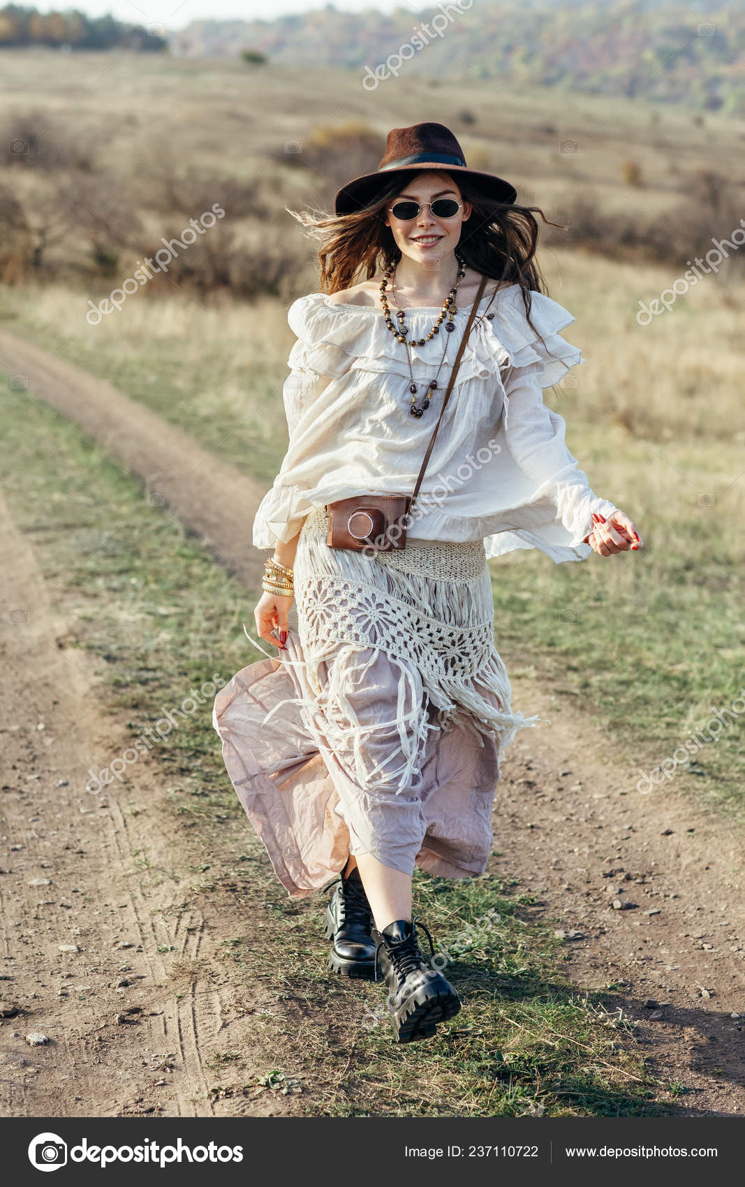 Beautiful Hippie Girl Hat Walking Nature Freedom Lifestyle Stock