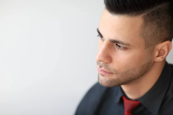 Close Portrait Handsome Young Man Suit Copy Space — Stock Photo, Image