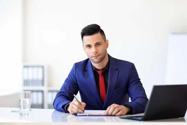 Portrait Young Confident Businessman Signing Document Sitting His Desk Office — Stock Photo, Image