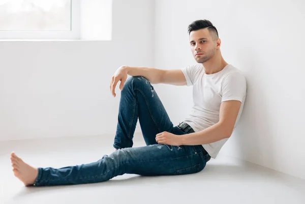 Thoughtful Handsome Man Portrait Sitting Floor Male Beauty Concept — Stock Photo, Image