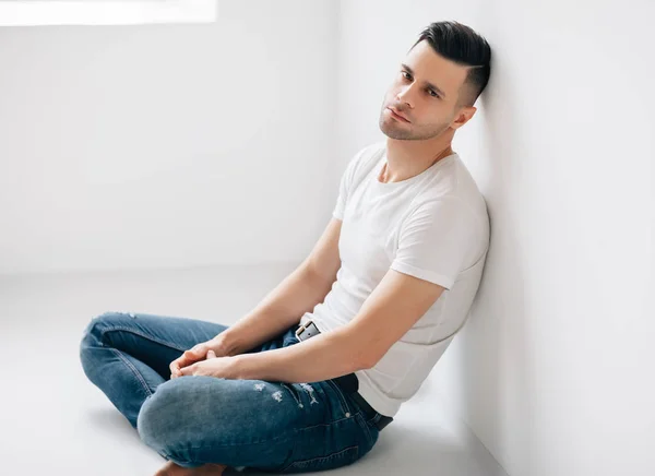Thoughtful Handsome Man Portrait Sitting Floor Male Beauty Concept — Stock Photo, Image