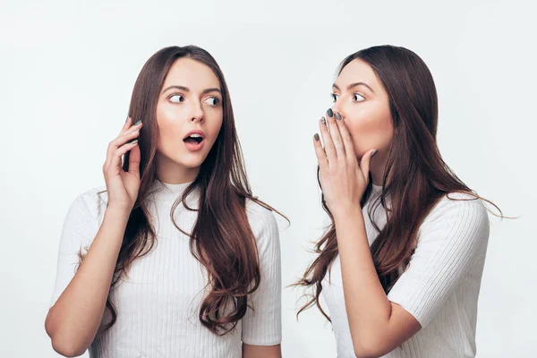 Two Sisters Twins Gossiping White Background Share Secret Concept — Stock Photo, Image