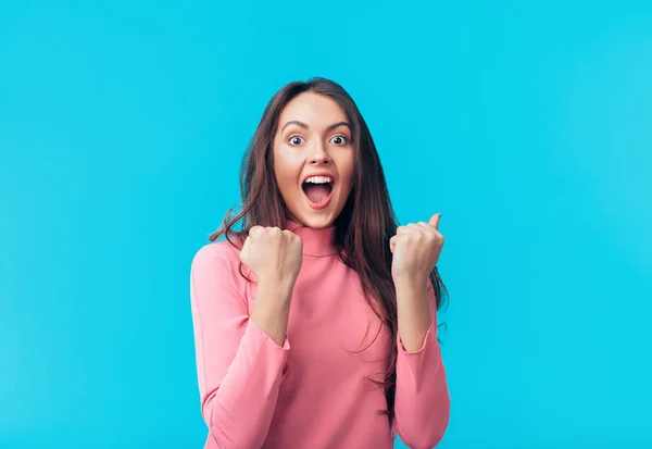 Happy Excited Woman Celebrate Success Blue Background Victory Concept — Stock Photo, Image