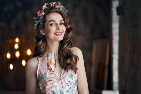 Beautiful Woman Holding Wineglass Rose Petals Celebration Concept — Stock Photo, Image