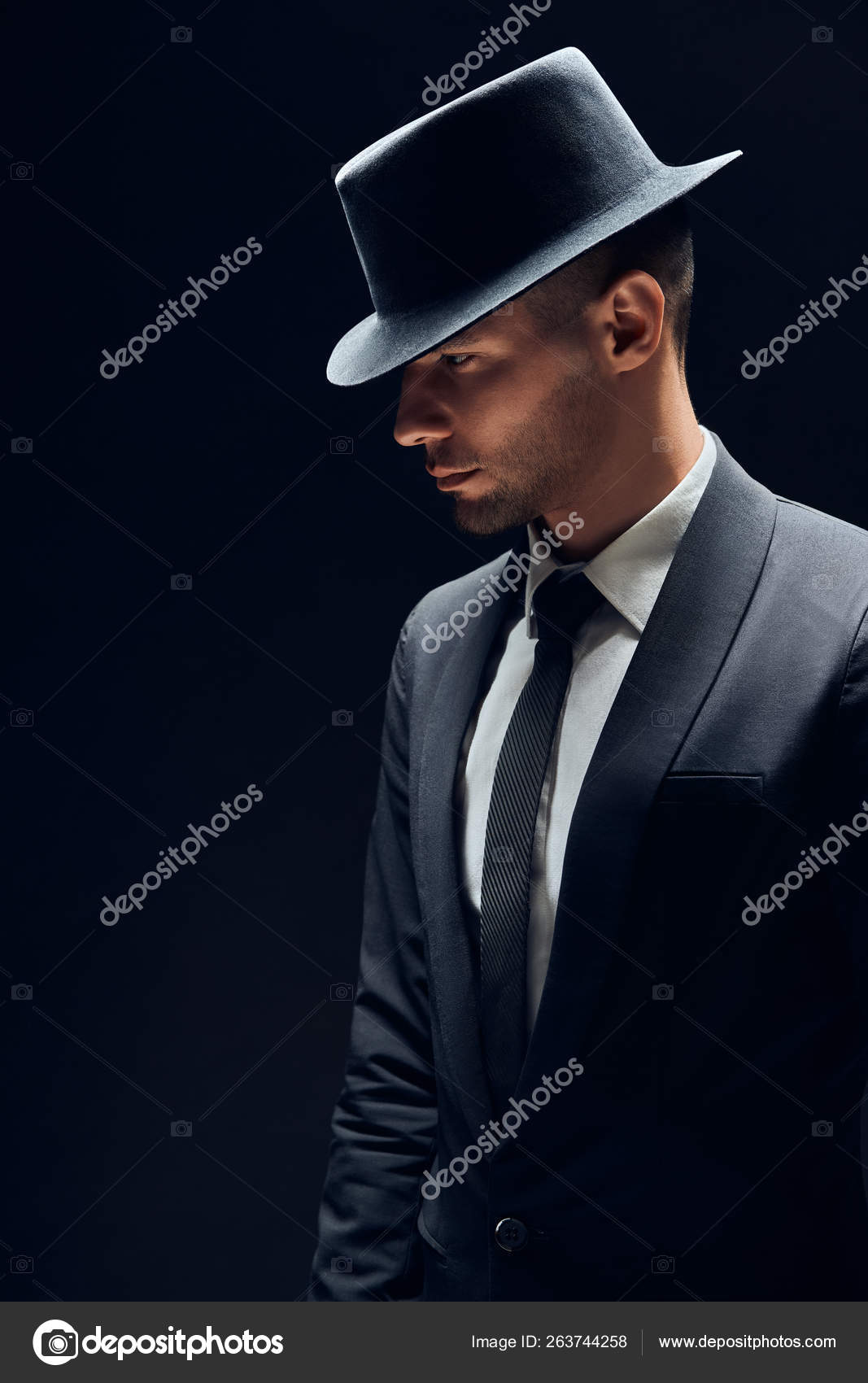 어두운 배경에 정장과 모자에 프로필 초상화 — 스톡 사진 © Gladkov #263744258, image size:1067x1700