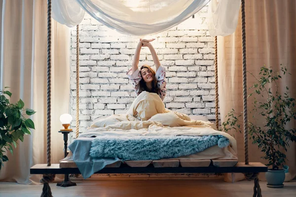 Young Happy Woman Stretching Bed Wake Her Modern Apartment Good — ストック写真