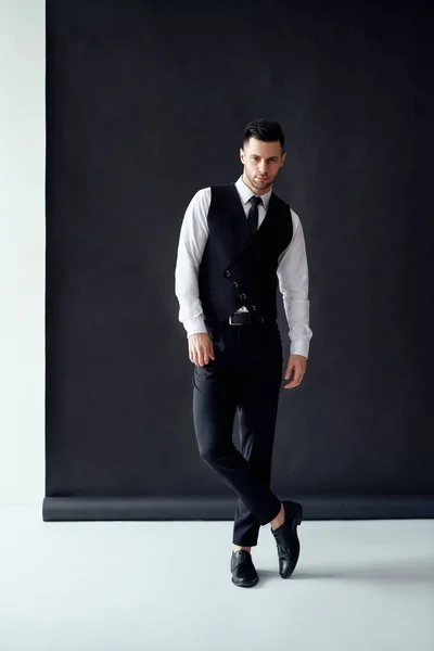 Full Length Portrait Handsome Elegant Man Posing Black White Background — Stock Photo, Image