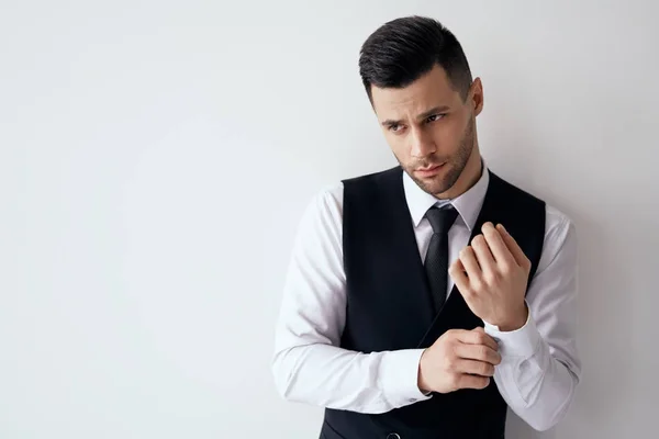 Handsome Young Man Adjusting His Sleeves Fixing His Cufflinks White — Stock Photo, Image