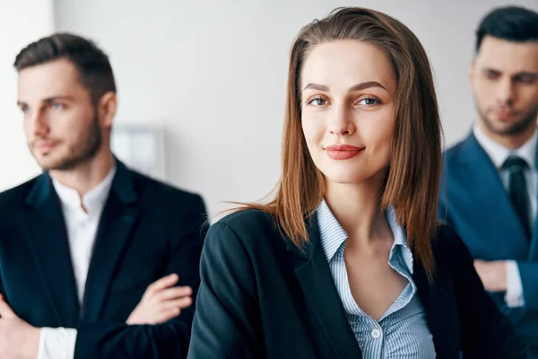 Group Successful Business Team Crossed Arms Pretty Leader Front — Stock Photo, Image