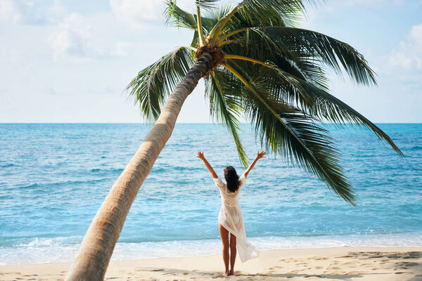 Back view of happy young woman enjoy her tropical beach vacation standing under palm tree. Summer concept  