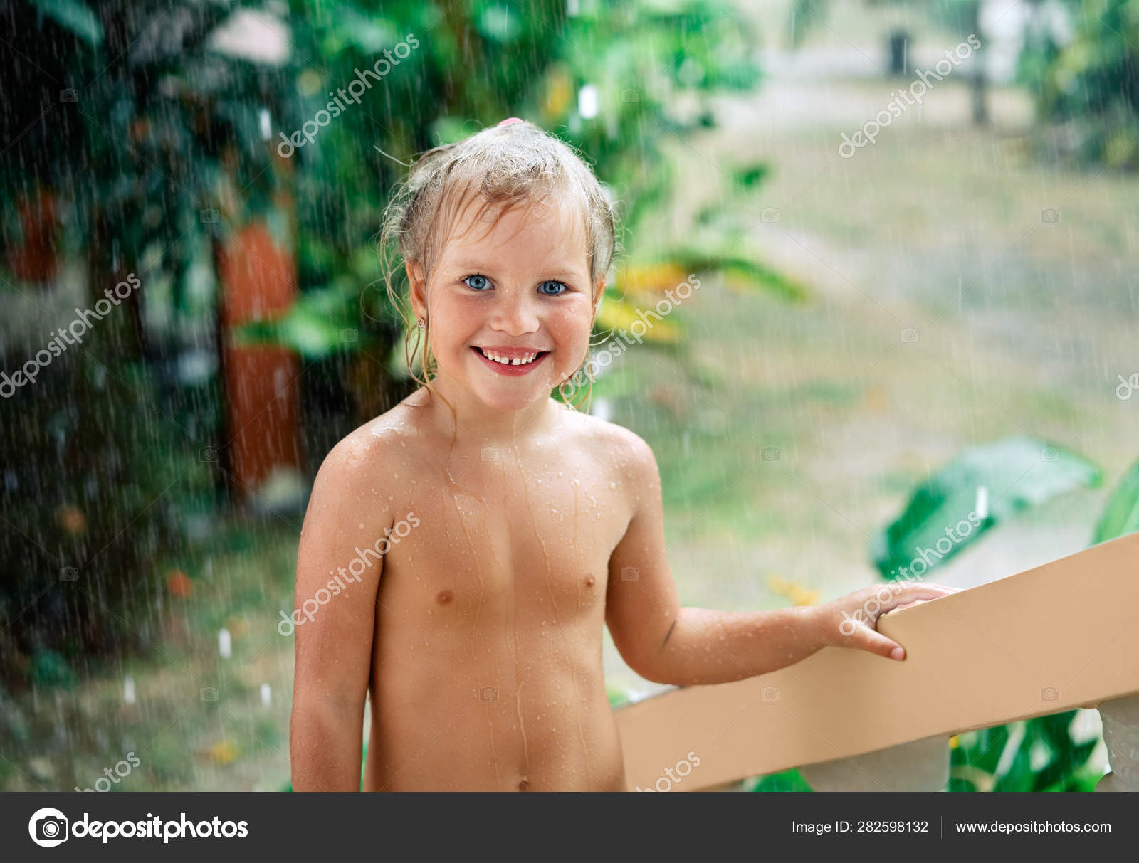 Close Portrait Happy Cute Little Girl Enjoying Summer Rain Drops Stock