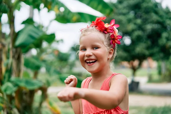 Cute Smiling Girl Dancing Summer Garden Red Flowers — Stock Photo, Image