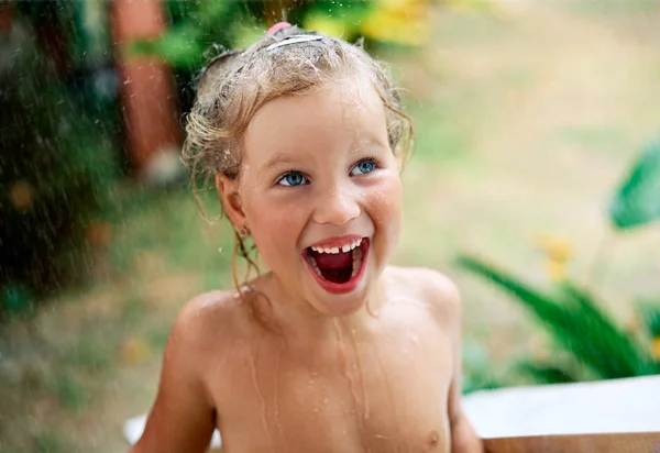 Close Portrait Happy Cute Little Girl Enjoying Summer Rain Drops — Stock Photo, Image