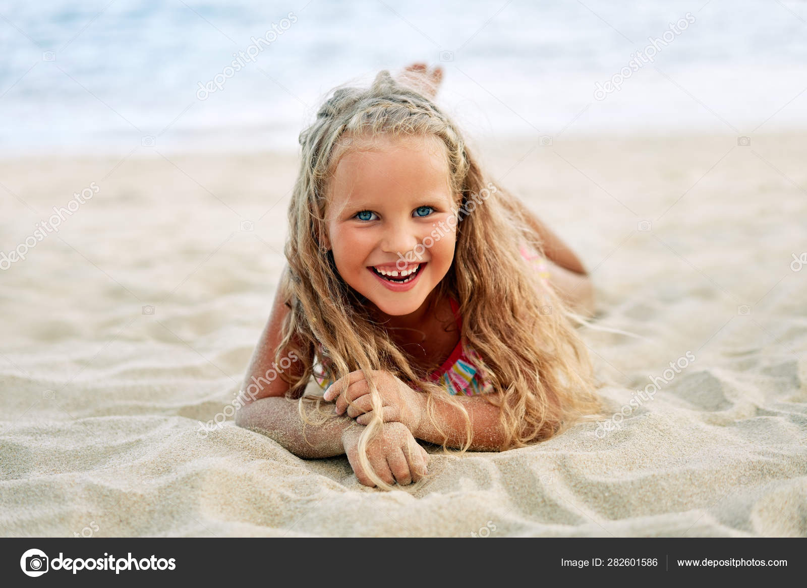 Adorable Little Blonde Girl Relaxing Sandy Beach Enjoying Sea