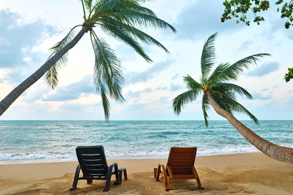 Paisaje Tropical Con Dos Tumbonas Bajo Palmeras Vistas Mar Concepto — Foto de Stock