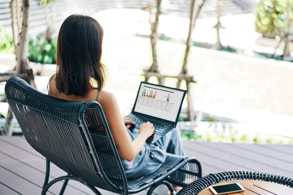 Rückansicht Einer Frau Die Freien Laptop Arbeitet Freiberufliches Konzept — Stockfoto