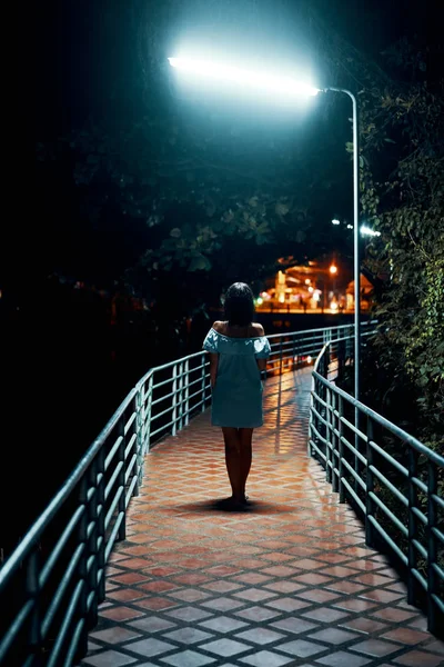 Back view of woman walking on bridge at night