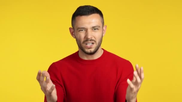 Desperate Confused Young Man Yellow Background — Stock Video