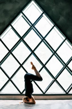 Arka planda destekli amuda kalkıp yoga yapan genç kadın, akunchanasana,. 