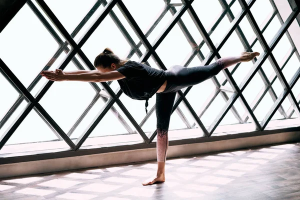 Junge Attraktive Frau Praktiziert Yoga Tun Krieger Posieren Auf Großen — Stockfoto