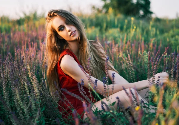 Güzel Genç Bir Kadın Yaz Güneşinde Adaçayı Tarlasında Poz Veriyor — Stok fotoğraf