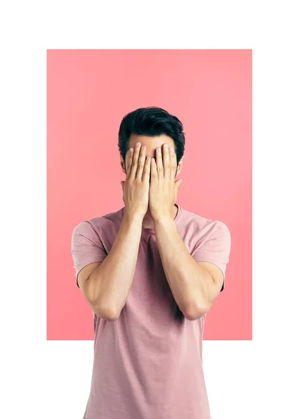 Retrato de homem de desespero estressado rosto fechado por duas mãos — Fotografia de Stock