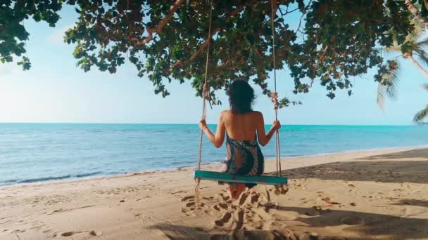 Visão traseira da menina descalça feliz no balanço na praia tropical — Vídeo de Stock