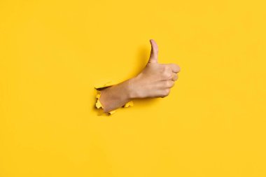 Yırtık sarı kâğıt arkaplandaki delikten el hareketi yap. Konsept gibi