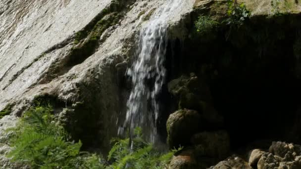 Água Cascata Descendo Uma Rocha Lado Uma Grande Cachoeira — Vídeo de Stock