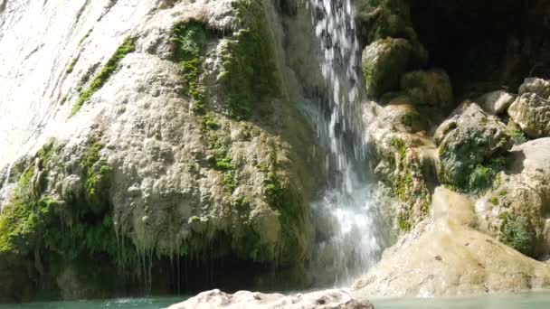 Close Small Waterfall Slippery Rock — Stock Video