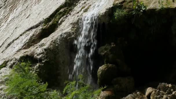 Agua Cayendo Cascada Por Una Roca Lado Una Cascada Grande — Vídeos de Stock