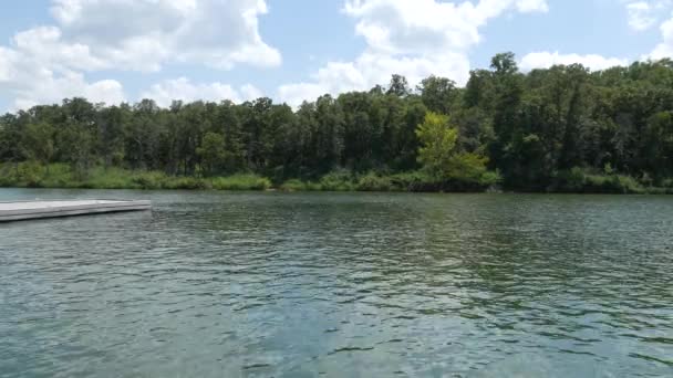 在岸边有绿树的湖面上的稳定镜头 — 图库视频影像