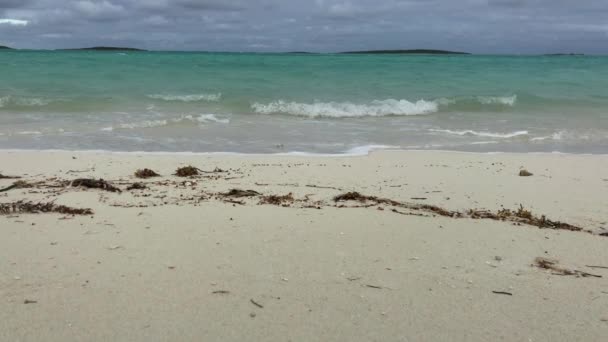 Vakaa Laukaus Aaltoja Liikkuvan Valkoisella Hiekkarannalla Bahamalla Ääniä — kuvapankkivideo