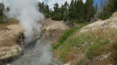 Ejderha ağzından billows sıcak buhar ve sıcak havuzun su Wyoming, Yellowstone Milli Parkı, doğal sesleri ile serbest bahar sürekli çekim.