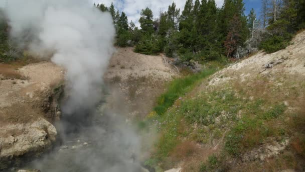 Stetige Weitwinkelaufnahme Der Drachenmundquelle Die Heiße Dampfschwaden Freisetzt Und Des — Stockvideo