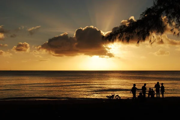 Silhuetas de pessoas na praia ao pôr do sol — Fotografia de Stock