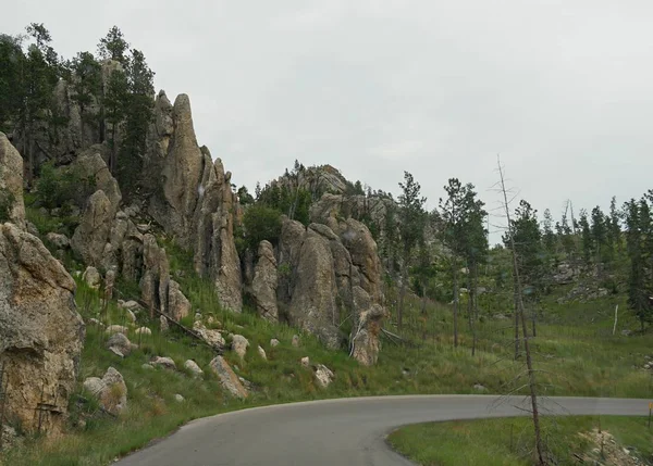 Dramatic Twists Road Rock Formations Granite Cliffs Needles Highway Custer — Stock Photo, Image